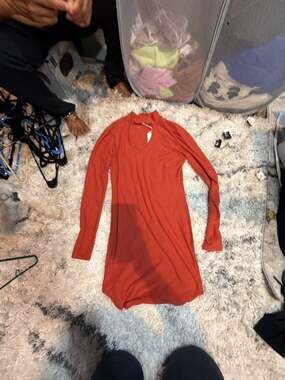 No Comment NYLA Burnt Orange Long Sleeve Keyhole Mock Neck Dress